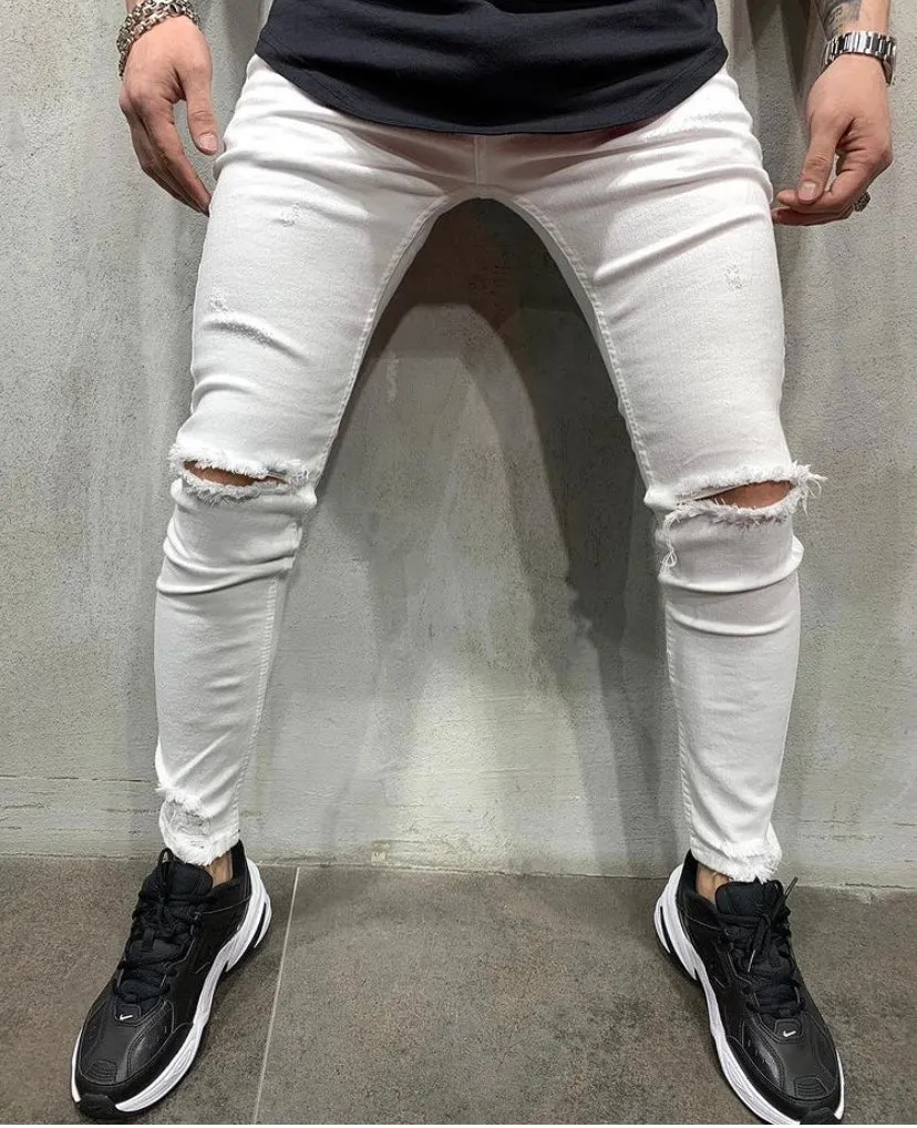 White Distress Jeans Cut on Knees