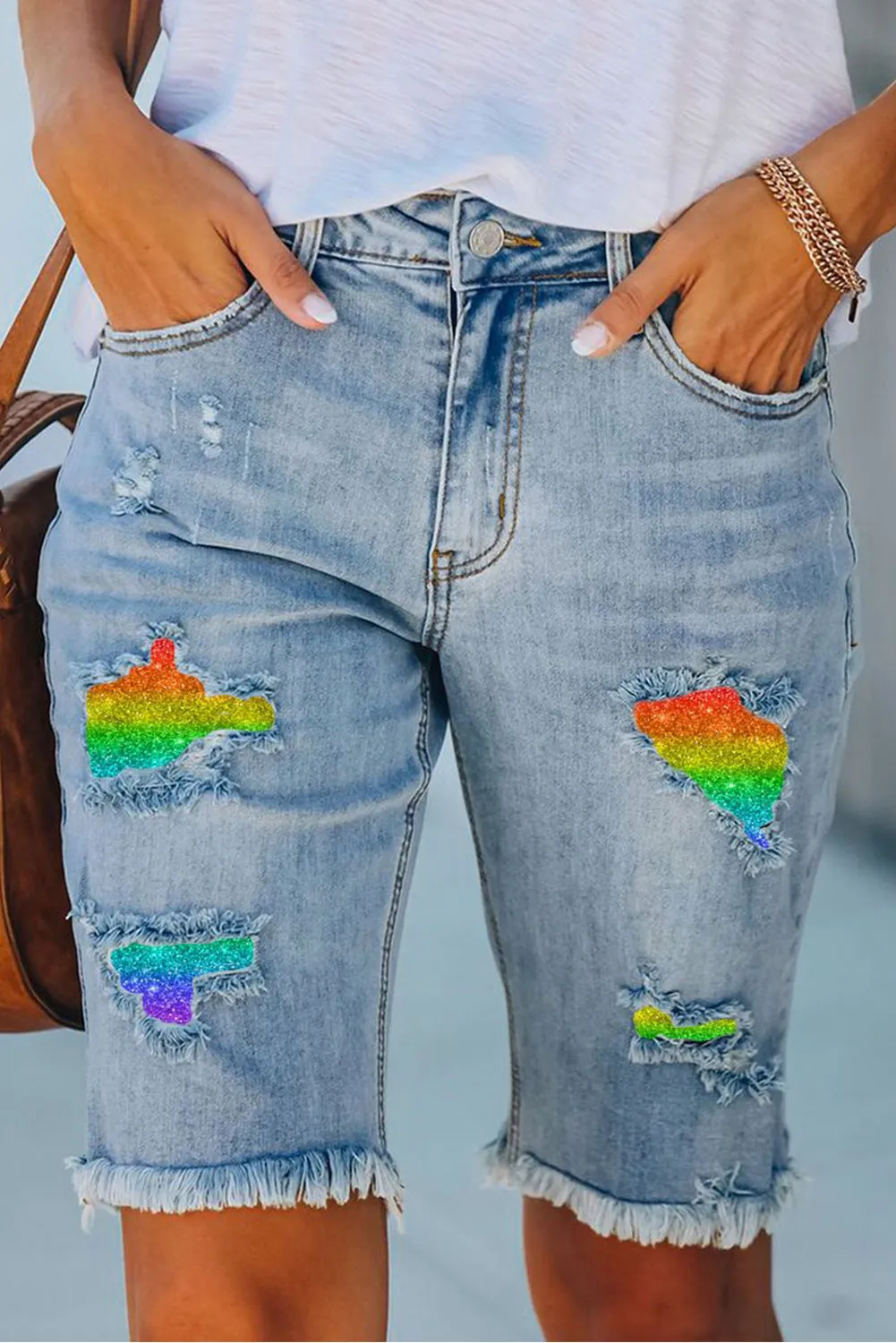 Womens Rainbow Ombre Pride Denim Bermuda Shorts Distressed Jean Shorts